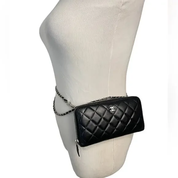 CHANEL CC QUILTED LAMBSKIN ZIP AROUND WALLET ON A CHAIN. Box & COA Included